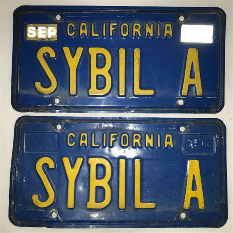 California license plates SYBIL A vintage pair Blue & Yellow