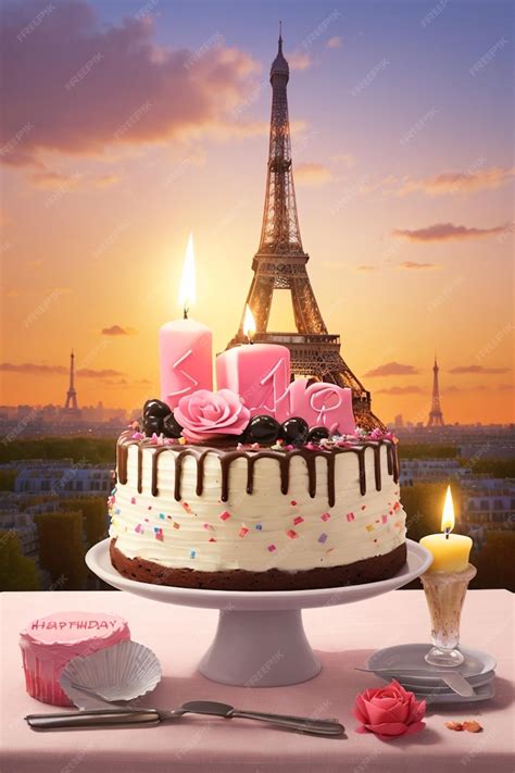 premium ai image birthday cake infront  eiffel tower