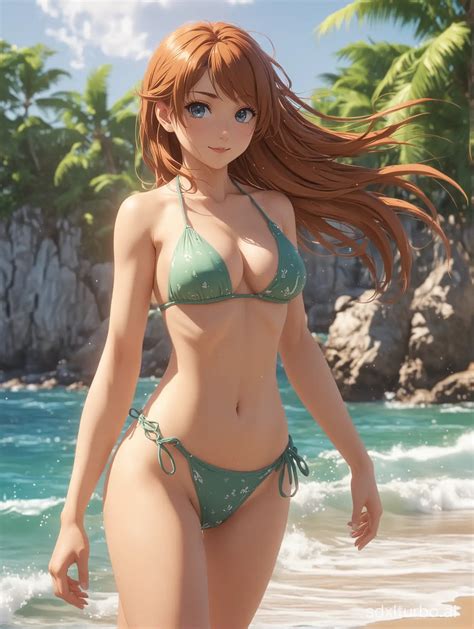 Anime Girl Beach Vacation Dynamic Bikini Scene with Dramatic Action ...