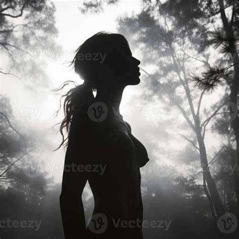 silhouette of a naked woman standing in a foggy forest generative ai