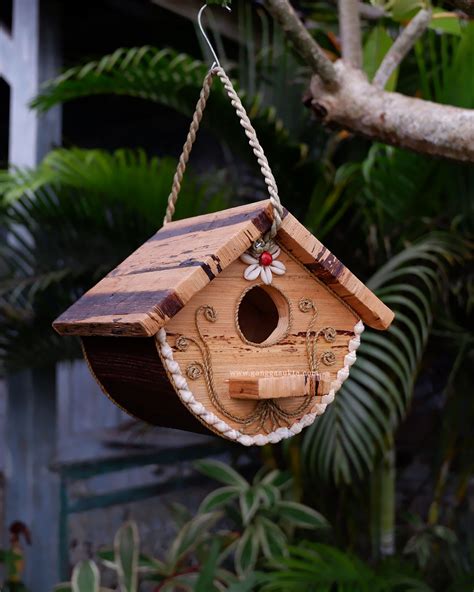 Simple Design Wooden Bird House with Banana Barks Flowers Motif Natural ...