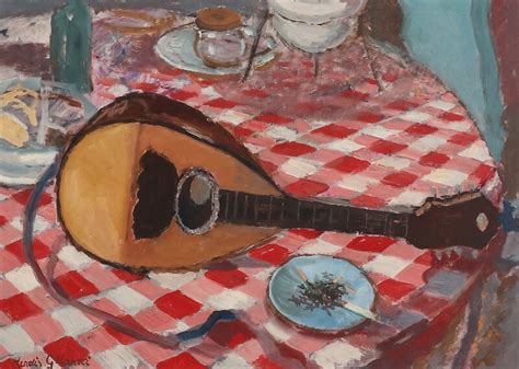 Herdis Gelardi | Still life with a mandolin on a red chequered