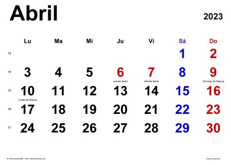 Calendario abril 2023 en PDF, Excel y Word | Calendarpedia