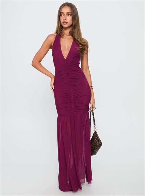 Jailyne Halter Plunge Maxi Dress Plum | Princess Polly