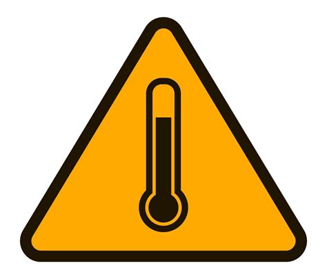 Triangular warning sign featuring a thermometer indicating high