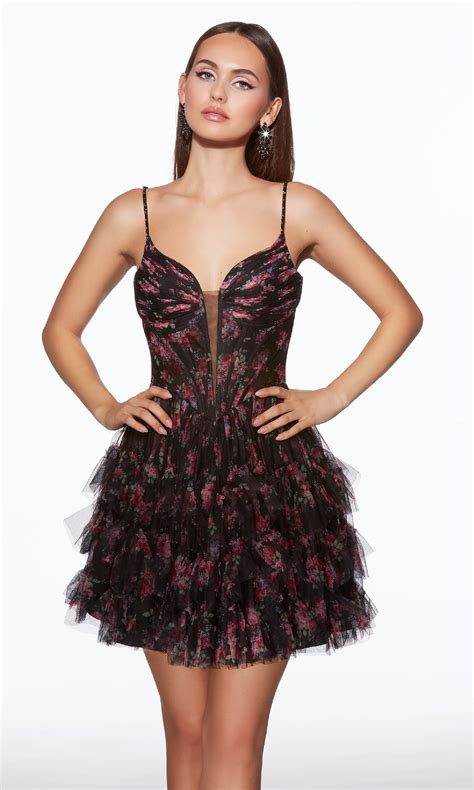 Short Print Fit-and-Flare Homcoming Dress with Ruffles– PromGirl