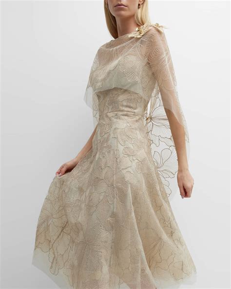 Rickie Freeman for Teri Jon Embroidered Tulle Capelet Midi Dress