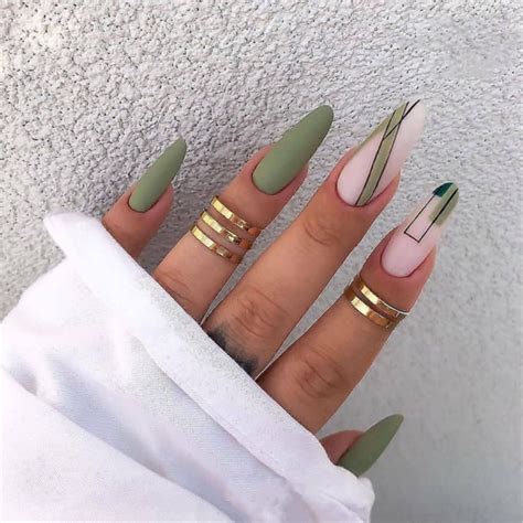 Olive Green Matte Press on Nails Geometry Pattern Nail Stick on False