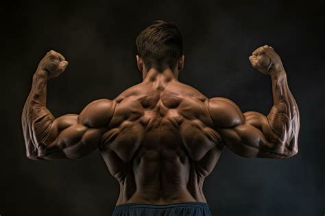 Bodybuilder flexing his muscles over black background. Back view, Rear