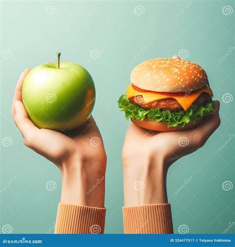 A Apple Vs Cheeseburger Held in Hands, Healthy Vs Unhealthy Stock Image