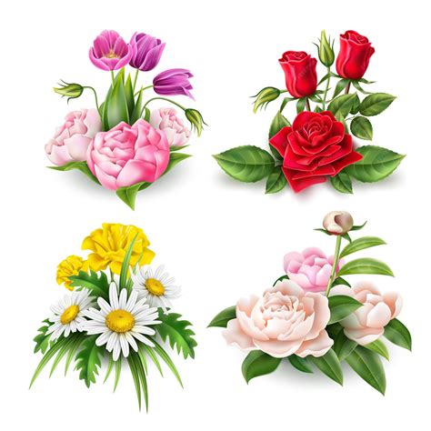 Premium Vector | Realistic rose tulip peony and daisy flowers bouquet