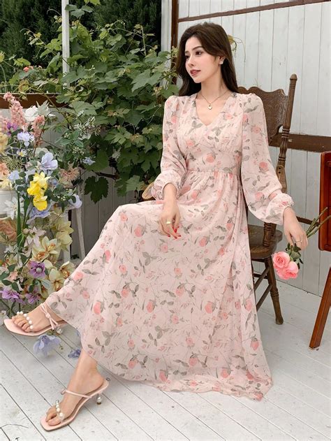 DAZY Floral Printed V-Neck Long Sleeve Long Dress With Puff Sleeve And