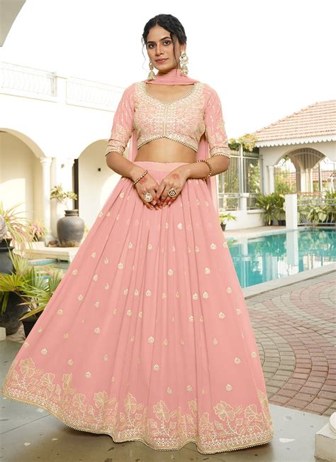 shop elegant pink georgette lehenga  thread embroidery  sequins