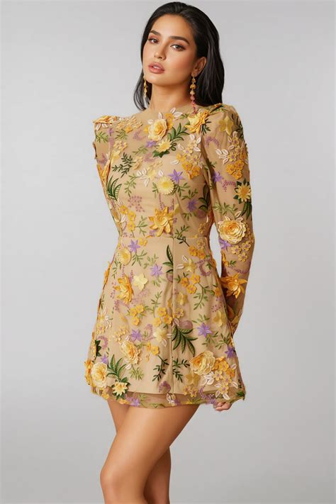 miley yellow flower embroidered mini dress ooins
