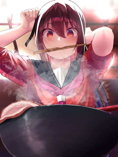 tied hair, red eyes, redhead, arms up, Oekakizuki, looking below, anime