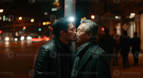 Emotional connection between mature and young asian males at night in
