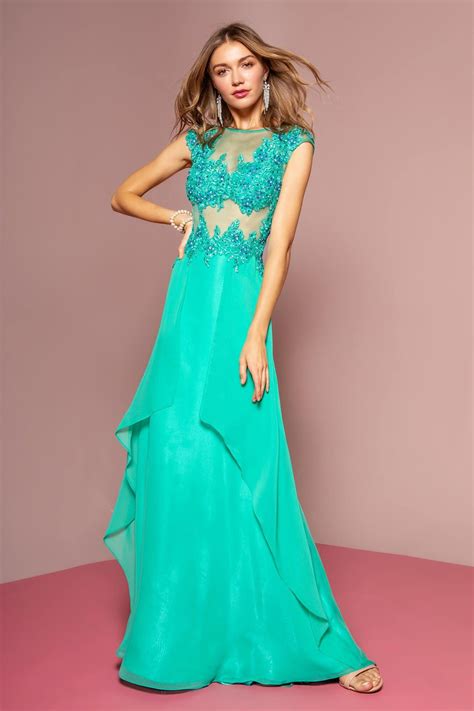 Peach Prom Long Dress Cap Sleeve Chiffon Evening Gown | DressOutlet