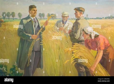 A close up of a typical communist painting depicting typical, happy ...