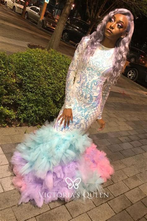 Colorful Tiered Skirt Silver Sequin Sleeved Prom Dress - VQ