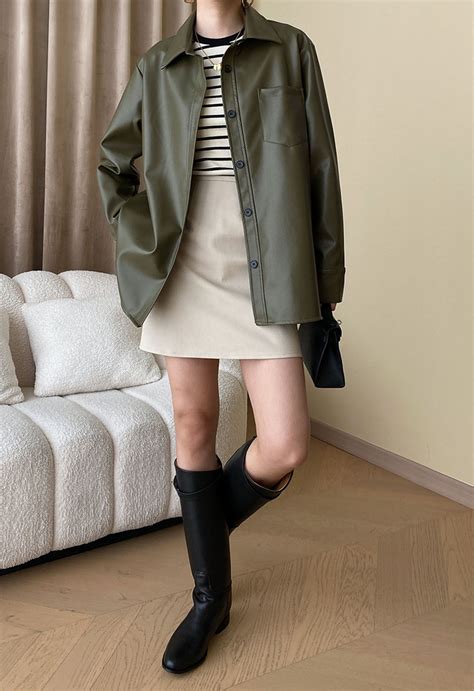 Casual Chic Faux Leather Shirt Jacket in Olive - Retro, Indie and
