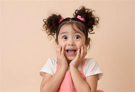 Excited Little Girl with Pigtails and Wide Eyes Looking Surprised