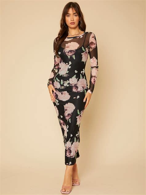 Floral Print Sheer Mesh Bodycon Dress | Bodycon dress with sleeves