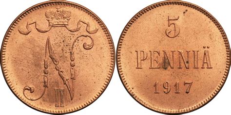 Finland, (Russian occupation) 5 Pennia 1917 Nicholas II UNC Русские ...