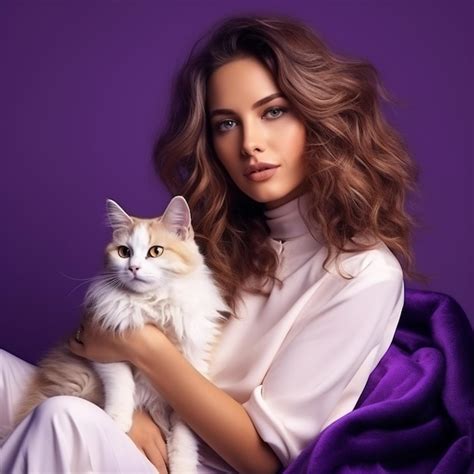 Premium AI Image | Beautiful European female model relaxing with pet cat
