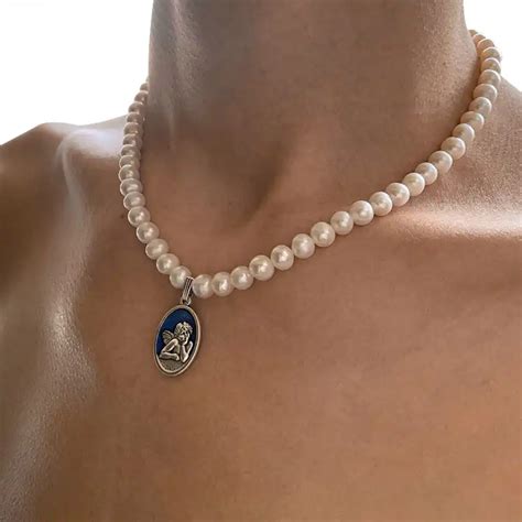 Men's Freshwater Pearl Necklace with Angel Pendant