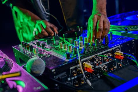 Cropped View of DJ in with Sound Mixer and Microphone Stock Image ...