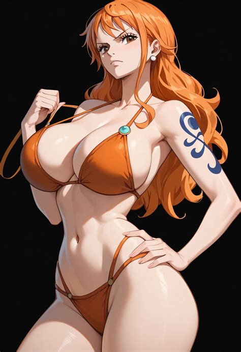 Anime girl in a bikini with a tattoo on her arm（nami (one piece