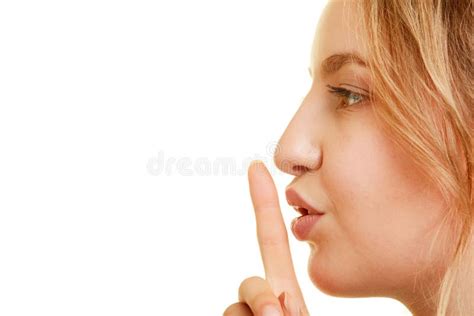 Woman Puts Finger on Mouth As Calm and Silence Gesture Stock Photo ...