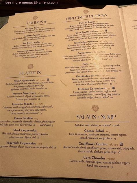 menu  diosa downey restaurant downey california  zmenu