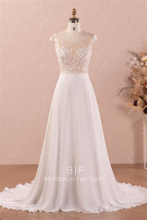 Illusion Botanic Lace Flowing Chiffon A-line Beach Wedding Dress