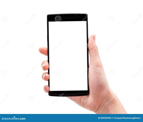 Рука женщины держа телефон изолированный на белой предпосылке Стоковое ...
