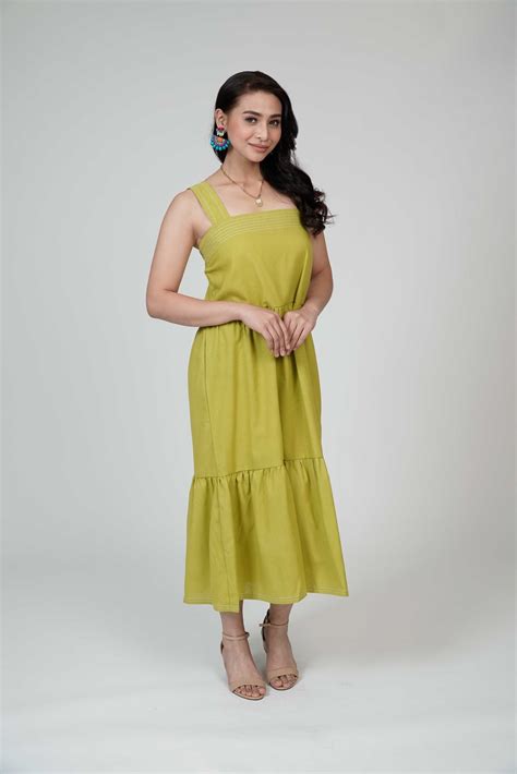 Women's Linen Maxi Dress with Thick Straps Tiered in Lime Green