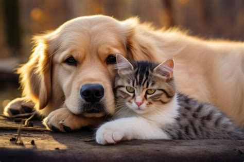 Premium AI Image | Photo of cute cat and dog hugging each other