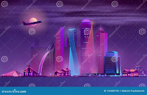 Vector Neon Megapolis Background with Buildings, Houses Stock Vector ...