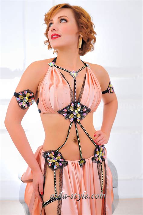 Sexy Light Peach with Black Belly Dance Costume - Aida Style