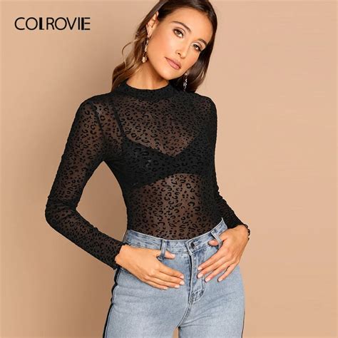 COLROVIE/черный топ с леопардовым принтом и сеткой без бюстгальтера ...