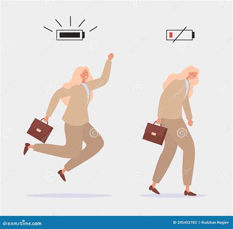 Energetic And Tired Or Exhausted Boy And Life Energy Flat Cartoon