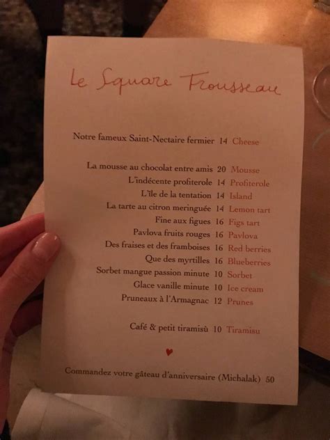 Menu au Restaurant Le Square Trousseau, Paris, 1 Rue Antoine Vollon