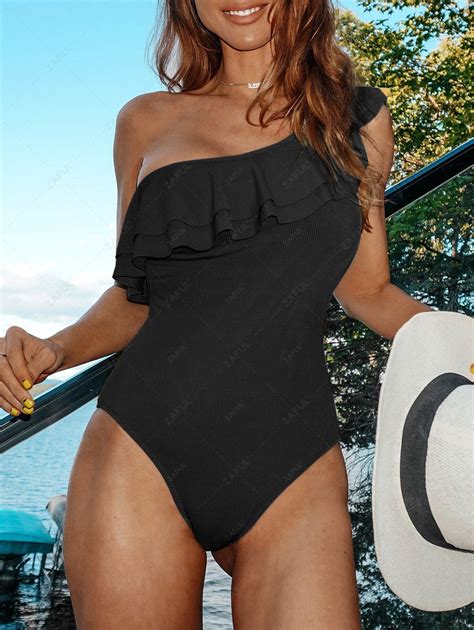 ZAFUL Flounce Ribbed One Shoulder One-piece Swimsuit In BLACK | ZAFUL 2026