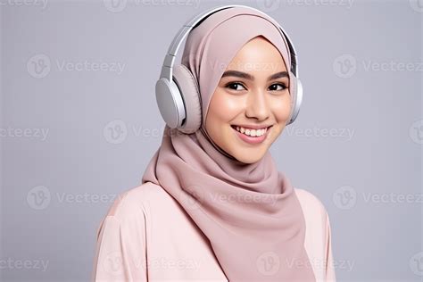 malay woman in hijab wearing wireless headphone. 26489121 Stock Photo