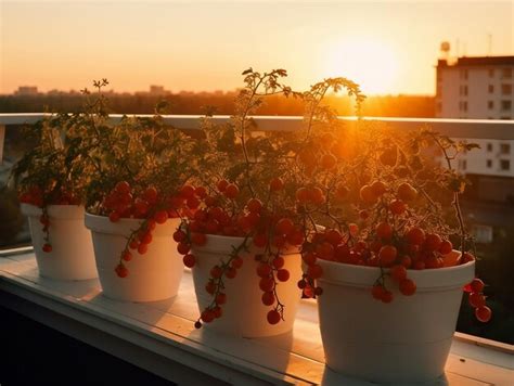 Premium AI Image | Tomatoes in white pots on a balcony with a sunset in ...