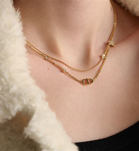 petit cd double necklace gold finish metal  silver tone crystals dior