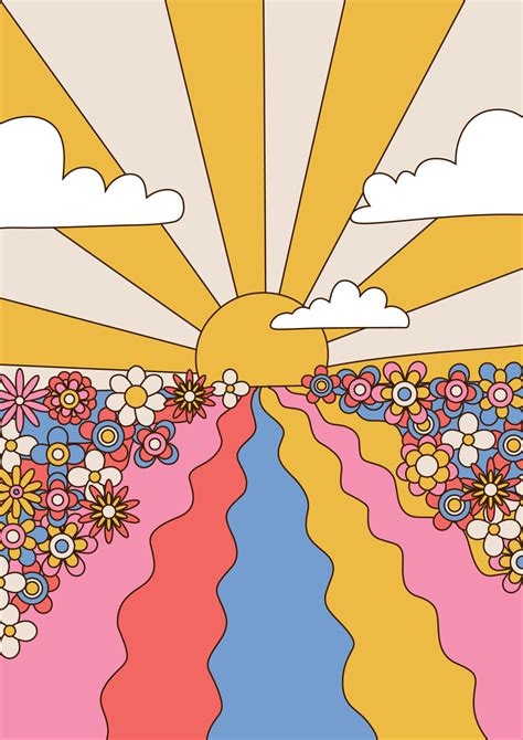 Psychedelic Art Landscape with sunset, sky and flower field, 1960s ...