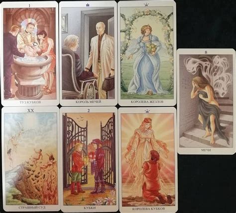 four tarot cards with images of people and animals