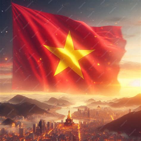 Vietnamese Flag flying in the air focusing on the yellow star on a red