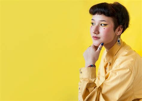 photo cute model  yellow background